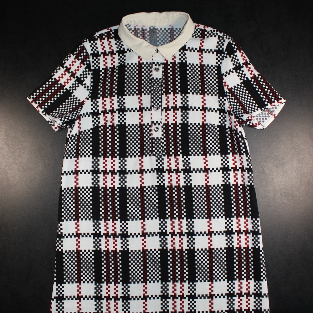 Vintage Mod Polo Dress | Black White Red Geometric Check | Button Placket |